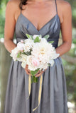 Spaghetti Straps V-neck Satin Long Grey Bridesmaid Dresses GB381