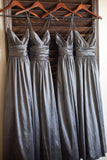 Spaghetti Straps V-neck Satin Long Grey Bridesmaid Dresses GB381