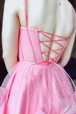 Sparkly A Line Corset Bodice Tulle Short Homecoming Dresses, Pink Sweet 16 Dress GM674