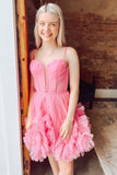 Sparkly A Line Corset Bodice Tulle Short Homecoming Dresses, Pink Sweet 16 Dress GM674