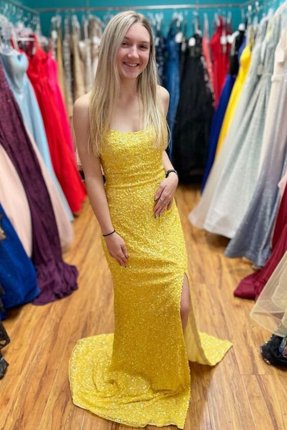sparkly mermaid yellow backless prom dress slit long sequined evening gown