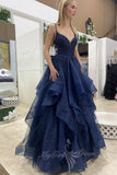 Sparkly Navy Blue Tulle A-line Long Prom Dress Sleeves Evening Gowns GP832