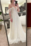 Sparkly Off the Shoulder Wedding Dresses A-line Sequin Sweetheart Bridal Gown PW596