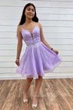 sparkly purple tulle party dress with beaded backless homecoming dress