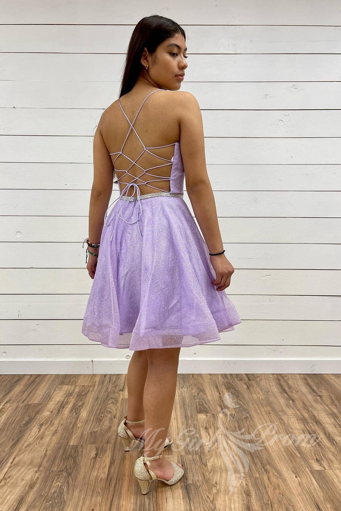 sparkly purple tulle party dress with beaded backless homecoming dress