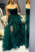 Sparkly Strapless Dark Green Tulle Long Prom Dresses, Shiny Slit Formal Gown GP669