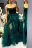 Sparkly Strapless Dark Green Tulle Long Prom Dresses, Shiny Slit Formal Gown GP669