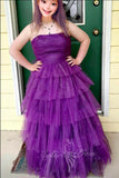 Sparkly Strapless Purple Ruffles Prom Dress A Line Tulle Evening Gowns GP732