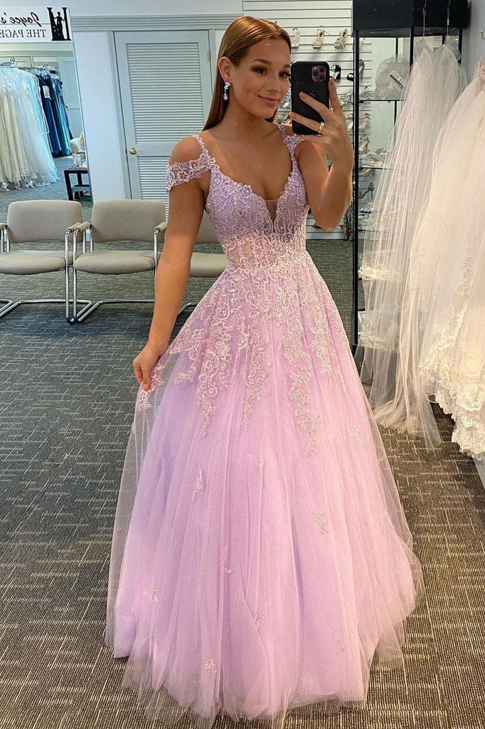 sparkly tulle a line prom dresses with lace appliques lilac formal dress