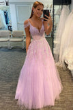 sparkly tulle a line prom dresses with lace appliques lilac formal dress