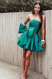 Strapless A-Line Satin Short Prom Dress With Bowknot, Green Homecoming Dress