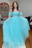 Strapless Blue Starry Tulle Long Prom Dress Princess Formal Gown GP701