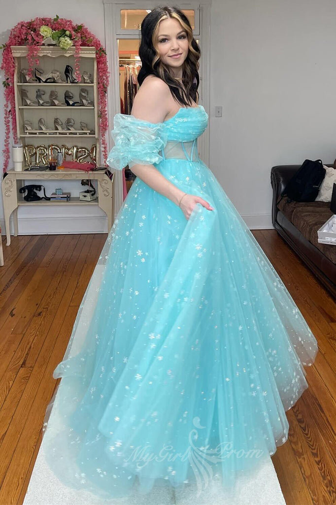 Strapless Blue Starry Tulle Long Prom Dress Princess Formal Gown GP701
