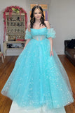 Strapless Blue Starry Tulle Long Prom Dress Princess Formal Gown GP701