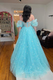 Strapless Blue Starry Tulle Long Prom Dress Princess Formal Gown GP701