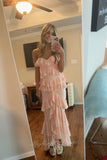 Strapless Pink Chiffon Ruffled Prom Dress Slit Mermaid Long Formal Dress GP810