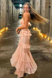 Strapless Pink Chiffon Ruffled Prom Dress Slit Mermaid Long Formal Dress GP810