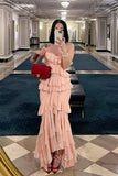 Strapless Pink Chiffon Ruffled Prom Dress Slit Mermaid Long Formal Dress GP810