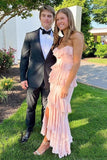 Strapless Pink Chiffon Ruffled Prom Dress Slit Mermaid Long Formal Dress GP810