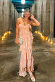 Strapless Pink Chiffon Ruffled Prom Dress Slit Mermaid Long Formal Dress GP810