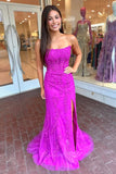 Strapless Fuchsia Corset Long Lace Prom Dress, Mermaid Slit Formal Dress GP743