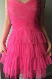 Strapless Glitter Tulle Homecoming Dress with Tiered Skirt, Pink Short Graduation Gown GM685