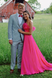 Strapless Hot Pink Prom Dress Chiffon Formal Dress with Feathers GP709