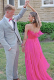 Strapless Hot Pink Prom Dress Chiffon Formal Dress with Feathers GP709