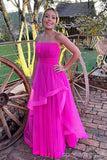 Strapless Hot Pink Tulle Ruffles Prom Dresses, Bowknot Back Party Dress GP657