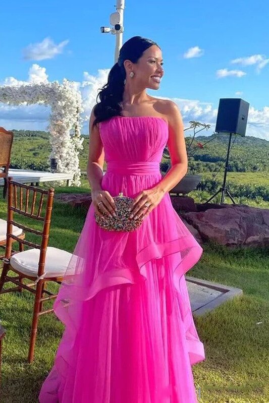 Strapless Hot Pink Tulle Ruffles Prom Dresses, Bowknot Back Party Dress GP657