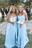 Strapless Light Blue Satin Sheath Long Bridesmaid Dresses With Slit GB409