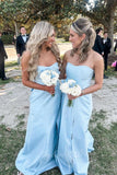 Strapless Light Blue Satin Sheath Long Bridesmaid Dresses With Slit GB409