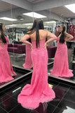 Strapless Fuchsia Corset Long Lace Prom Dress, Mermaid Slit Formal Dress GP743