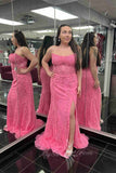 Strapless Fuchsia Corset Long Lace Prom Dress, Mermaid Slit Formal Dress GP743