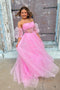 Strapless Pink Starry Tulle Long Prom Dress Princess Formal Gown GP701