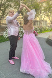 Strapless Pink Starry Tulle Long Prom Dress Princess Formal Gown GP701