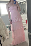 Strapless Pleated Tiered Chiffon Prom Dresses, Long Pink Bridesmaid Dress GP703