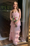 Strapless Pleated Tiered Chiffon Prom Dresses, Long Pink Bridesmaid Dress GP703