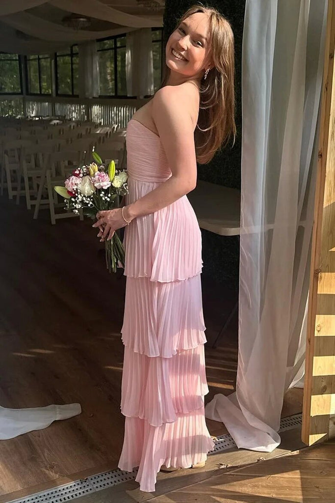 Strapless Pleated Tiered Chiffon Prom Dresses, Long Pink Bridesmaid Dress GP703