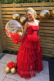 Strapless Red Ruffle Tiered Tulle Long Dresses A-line Graduation Gown GP820