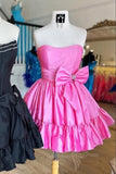 Strapless Ruffle Pink Homecoming Dress with Bow, A-line Short Prom Dress GM697