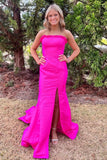 Strapless Satin Mermaid Slit Graduation Gown, Long Prom Dresses