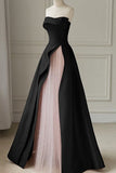 Strapless Satin Pearls Tulle Long Prom Dresses, A-line Pink Formal Gown GP687