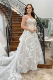Strapless Tulle A-line Appliques Long Wedding Dress With Sweep Train PW612