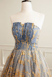 Strapless Tulle Blue Gold Homecoming Dress, Short Prom Graudation Dress GM671