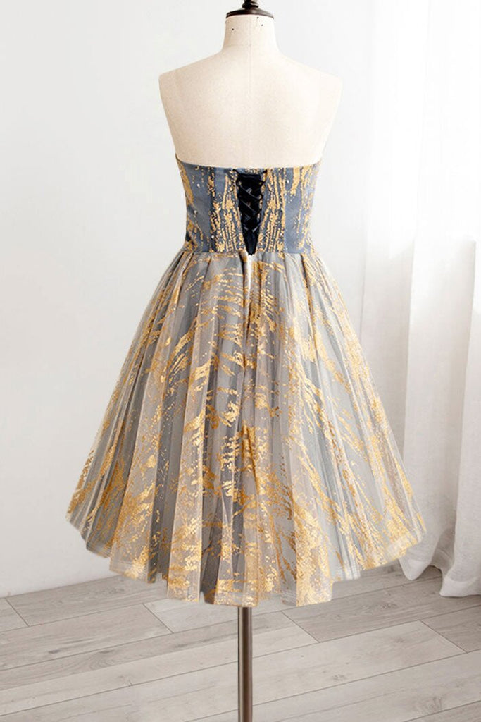 Strapless Tulle Blue Gold Homecoming Dress, Short Prom Graudation Dress GM671