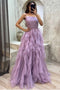 Strapless Tulle Ruffle Tiered Long Prom Dresses With Sequin, Lilac Formal Gown GP682