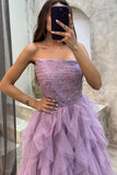 Strapless Tulle Ruffle Tiered Long Prom Dresses With Sequin, Lilac Formal Gown GP682