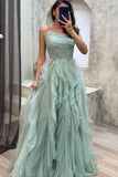 Strapless Tulle Ruffle Tiered Long Prom Dresses With Sequin, Lilac Formal Gown GP682