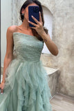 Strapless Tulle Ruffle Tiered Long Prom Dresses With Sequin, Lilac Formal Gown GP682